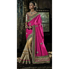 Enthralling Beige Colored Embroidered Jacquard Net Saree